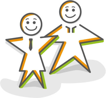 Symbolgrafik für User, zwei lächelnde Strichfiguren mit sternförmigem Körper und runden Köpfen, eine stilisiert weiblich, eine stilisiert männlich