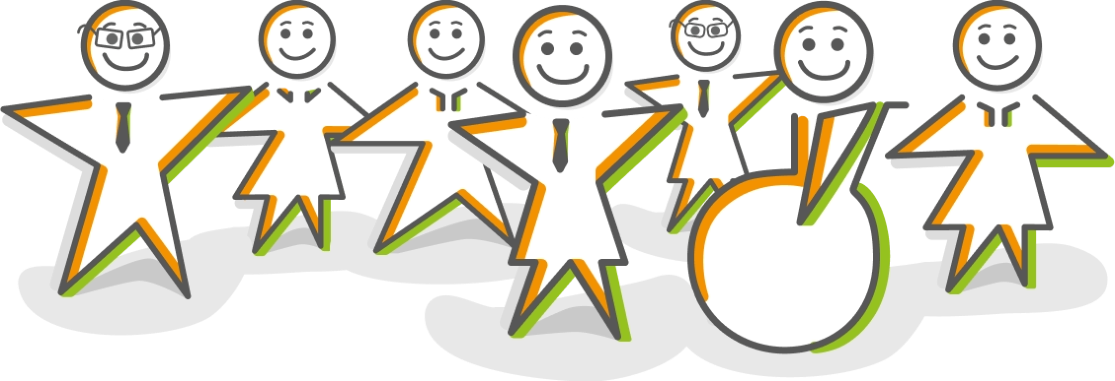 Symbolgrafik für glückliche User, eine Gruppe von sieben lächelnden Strichfiguren mit sternförmigem Körper und runden Köpfen, stehend, im Rollstuhl, mit Brillen, divers