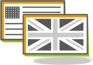 Symbolgrafik für technische Übersetzungen, je eine stilisierte amerikanische und britische Flagge