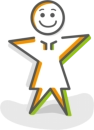 Symbolgrafik für einen glücklichen User, stilisiert als lächelnde Strichfigur mit sternförmigem Körper und rundem Kopf, weiblich