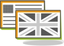 Symbolgrafik für technische Übersetzungen, je eine stilisierte amerikanische und britische Flagge